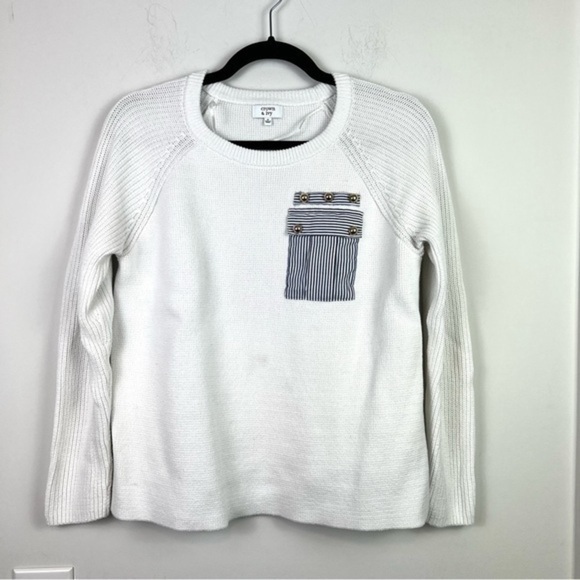 Crown & Ivy Nautical Sweater Women Small White Blue Thick Long-Sleeve Top Casual - Picture 1 of 7